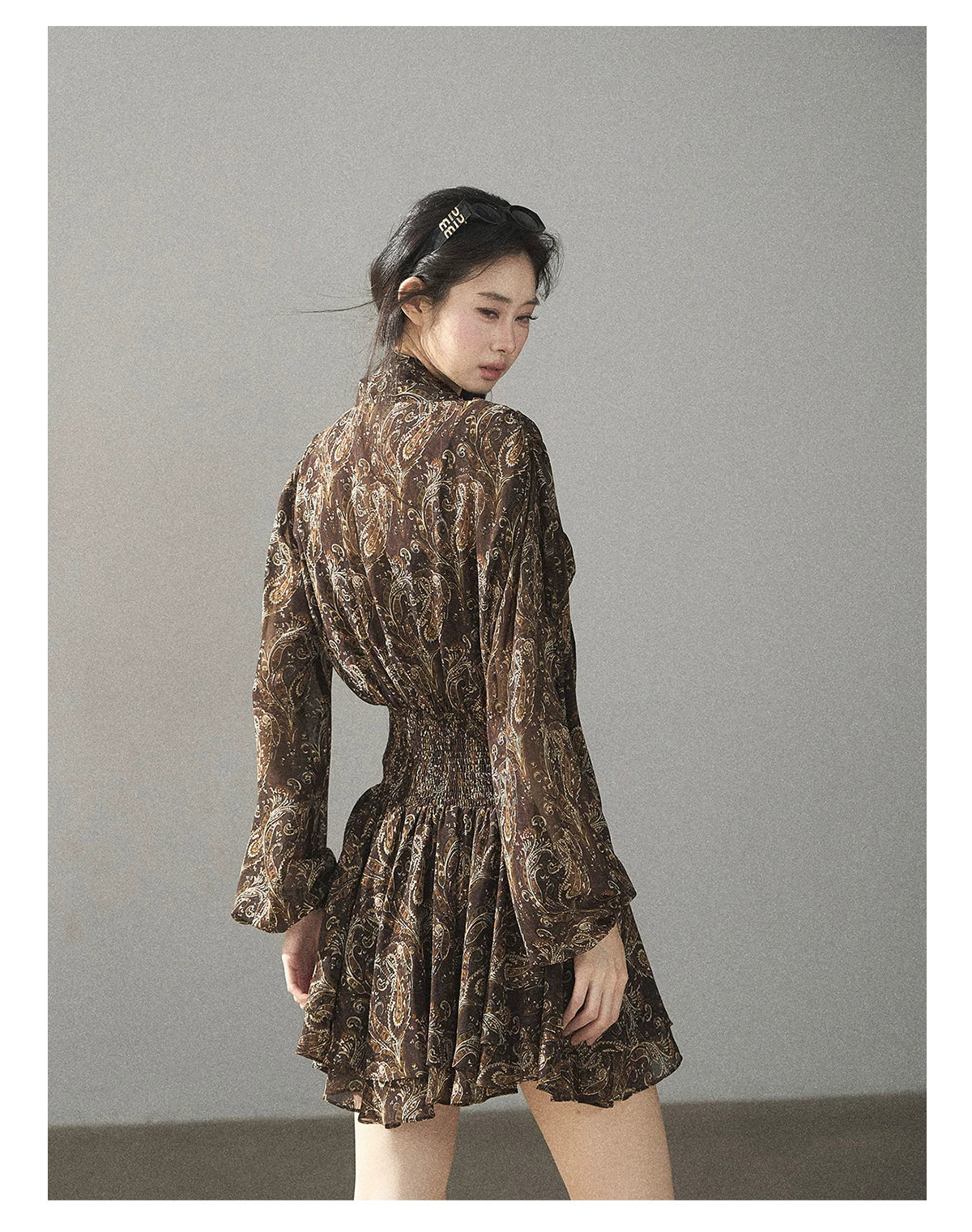 "Wait for a Tree of Blossoms" Cocoa Brown French Long-Sleeve Chiffon Dress (+ Camisole)