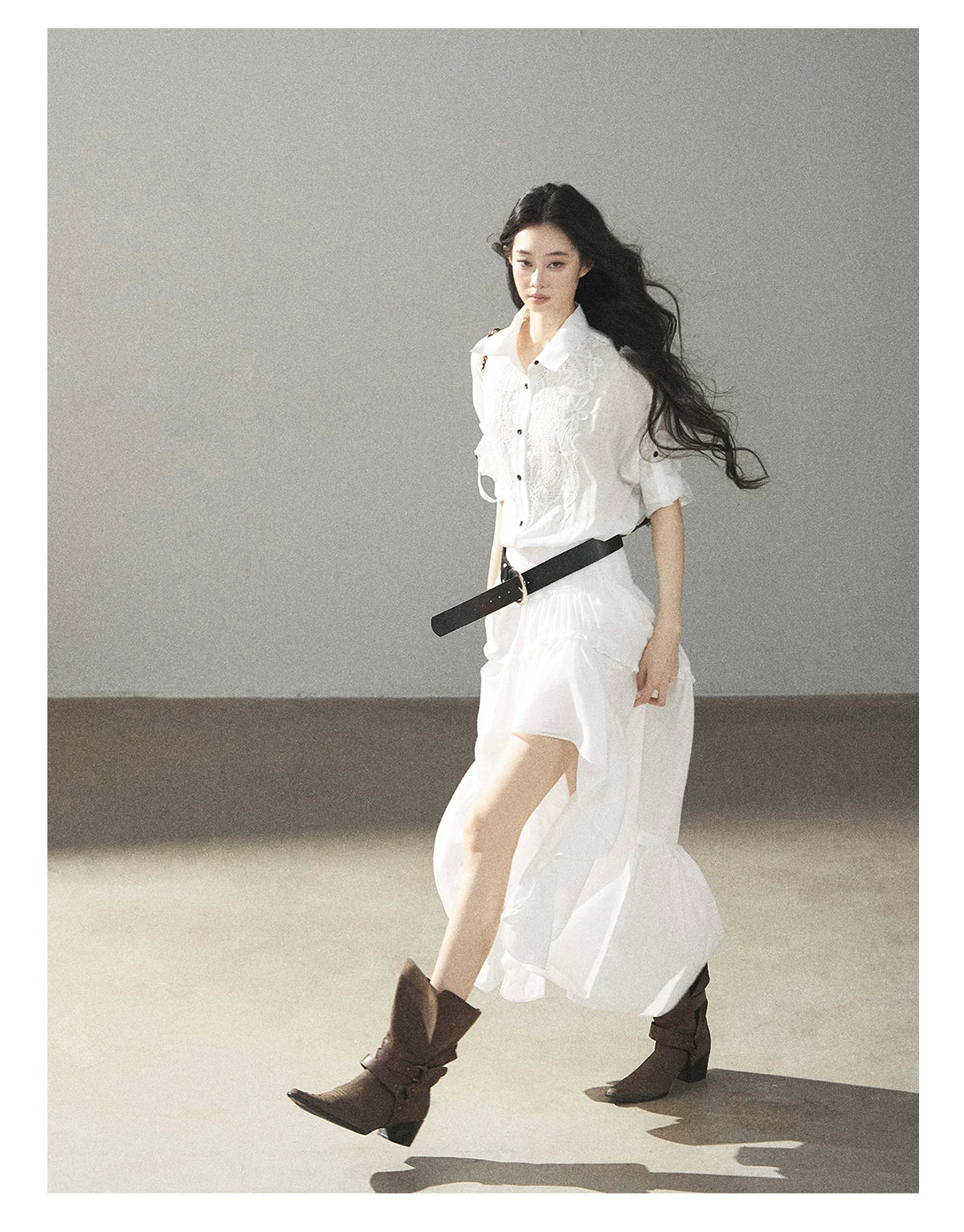 AOMALM - “Her Hemline” White Lace Shirt Dress with Belt