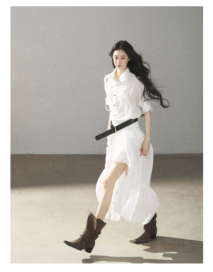 AOMALM - “Her Hemline” White Lace Shirt Dress with Belt