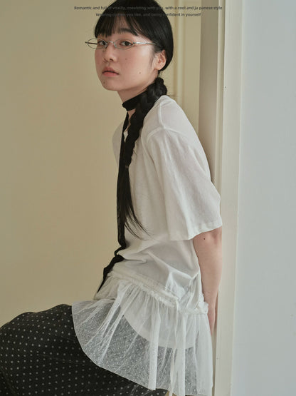 "Dot Veil" Polka Dot Mesh Panel T-Shirt (White / Gray)