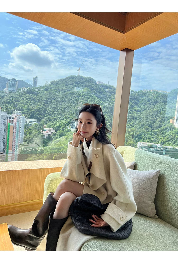 QuQuOuYang - 100% Wool Double-Face Belted Coat with Convertible Collar