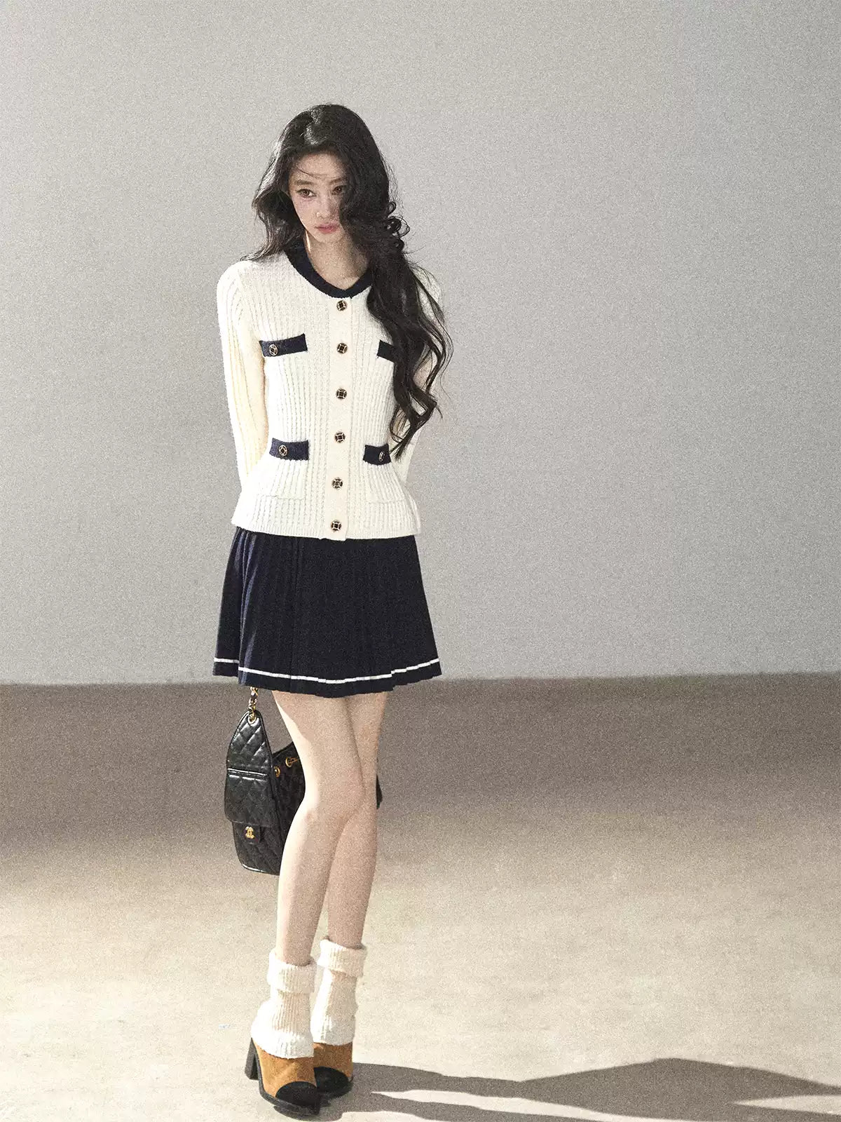 AOMALM - Creamy Off-White Cardigan & Navy Mini Skirt Set