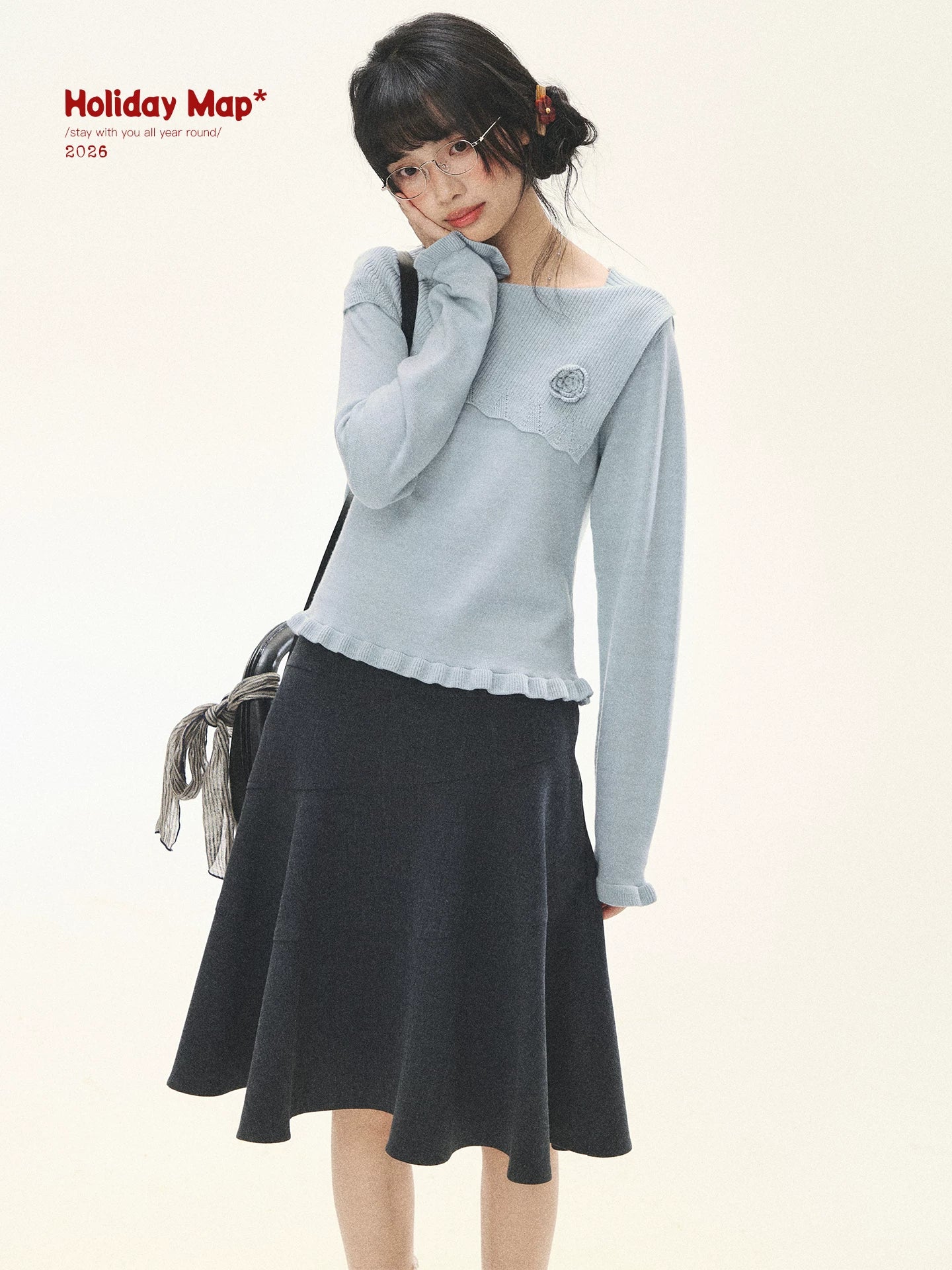 "Sea Salt Bloom" Sea Salt Blue Off-Shoulder Ruffle Knit Sweater