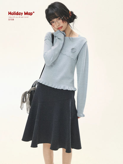 "Sea Salt Bloom" Sea Salt Blue Off-Shoulder Ruffle Knit Sweater
