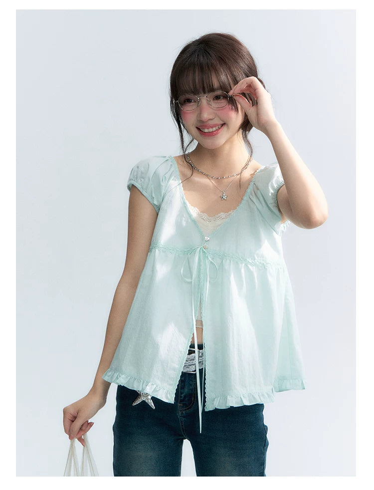 "Mint Morning Glow" Mint Green Lace Tie-Front Cardigan Blouse
