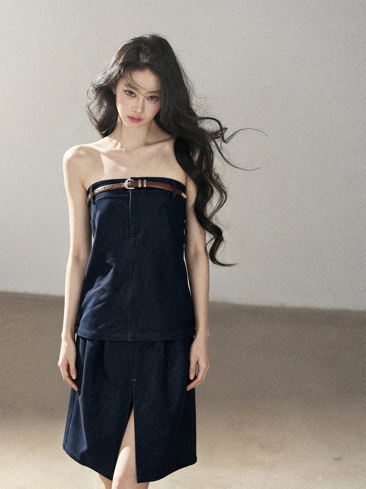 AOMALM - "Bluebell in Suspension" Navy Blue Korean Denim-Inspired 2-Piece Skirt Set