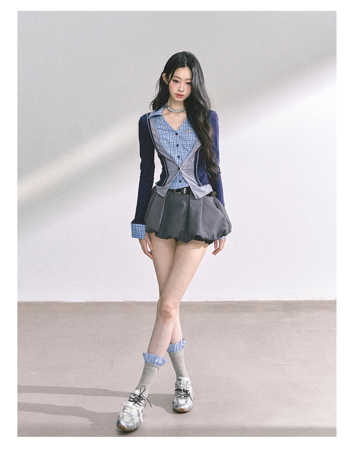 少也眼 "London Senior Muse" Layered Polo Long Sleeve Tee - Navy Blue 924863