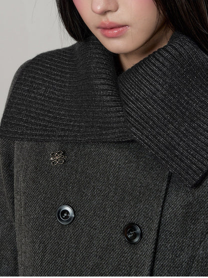 Soote Season - British Deep Gray Knit-Collar Wool-Blend Long Dress