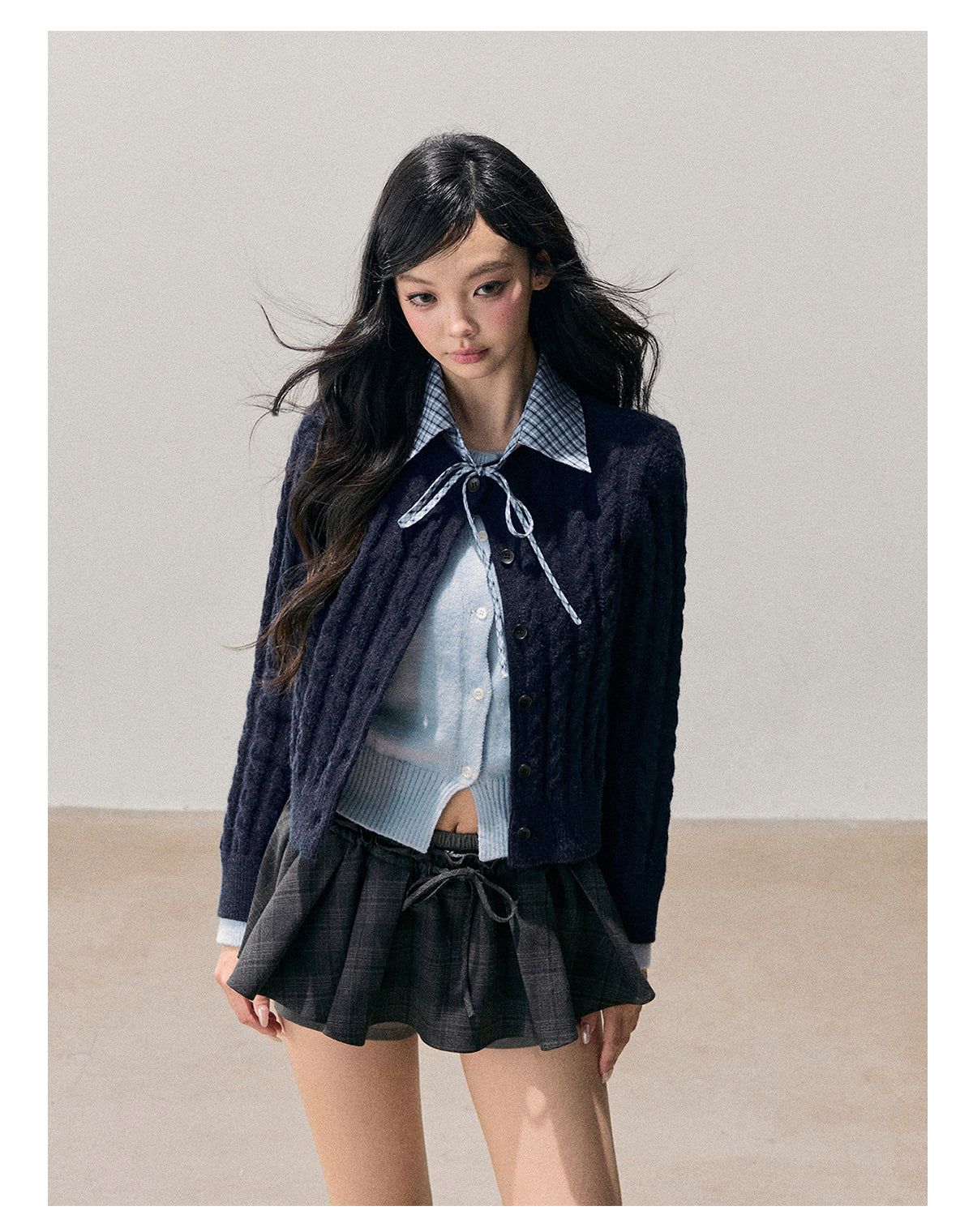 少也眼 “She Sinks into Dusk” Faux-Layered Cable-Knit Cardigan 511256