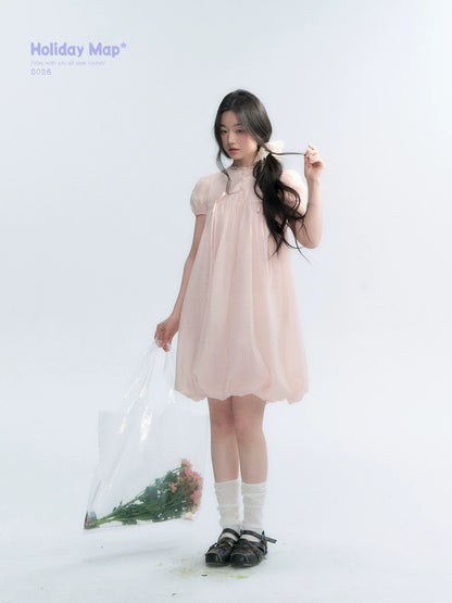 "Little Princess" Strawberry Pink Lace Bow Bubble Hem Midi Dress