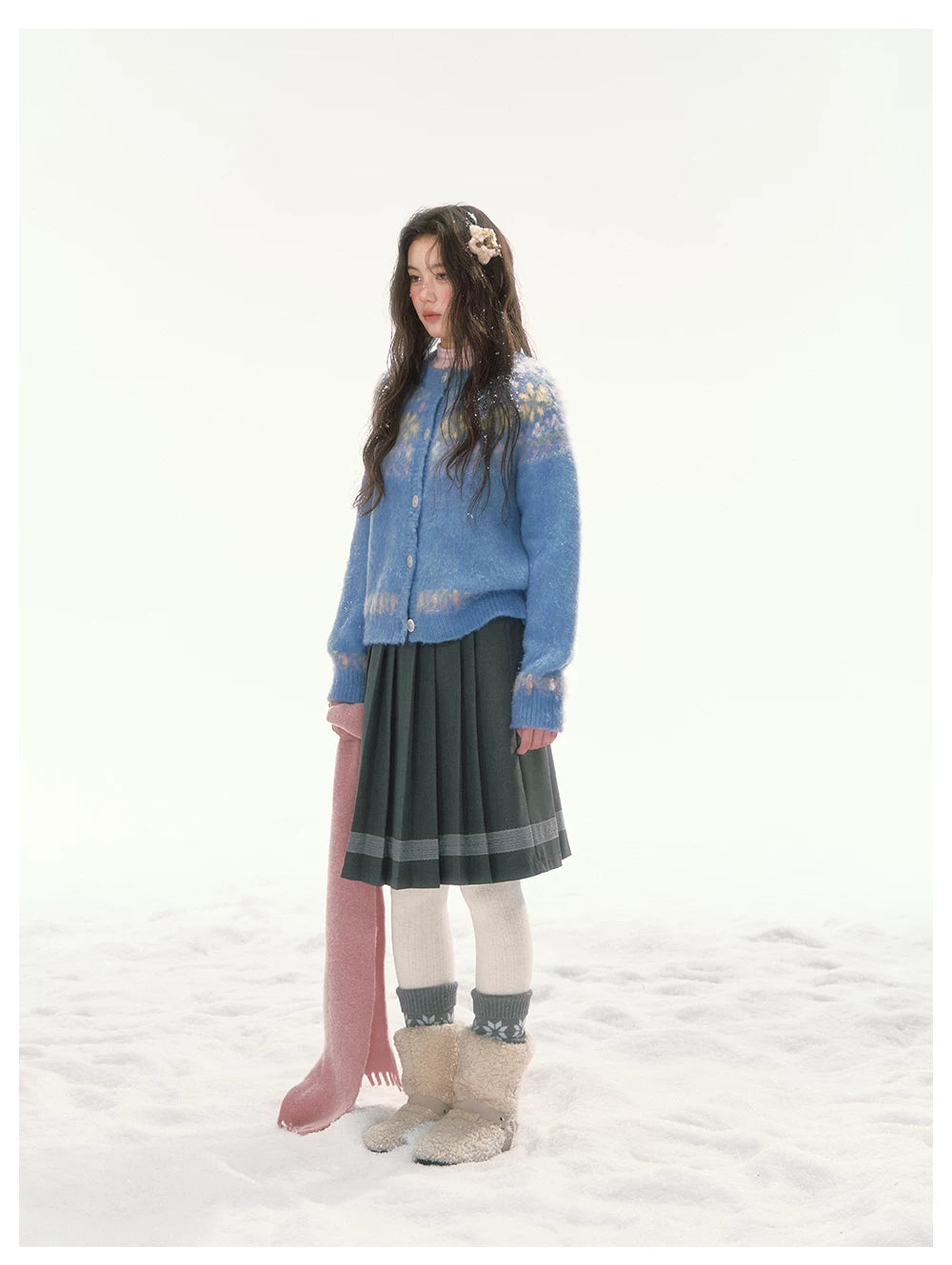 CANSTORE - "Blue Sky Echo" Fair Isle Bow Jacquard Knit Cardigan