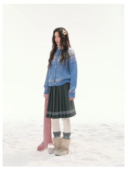 CANSTORE - "Blue Sky Echo" Fair Isle Bow Jacquard Knit Cardigan