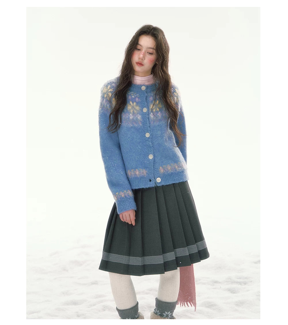 CANSTORE - "Blue Sky Echo" Fair Isle Bow Jacquard Knit Cardigan