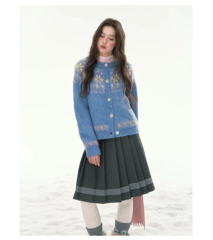 CANSTORE - "Blue Sky Echo" Fair Isle Bow Jacquard Knit Cardigan