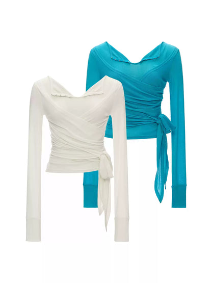 MAMC - Cloud Knit Wrap Top with Crossover Ties and Metal Claw Detail (Blue / White)