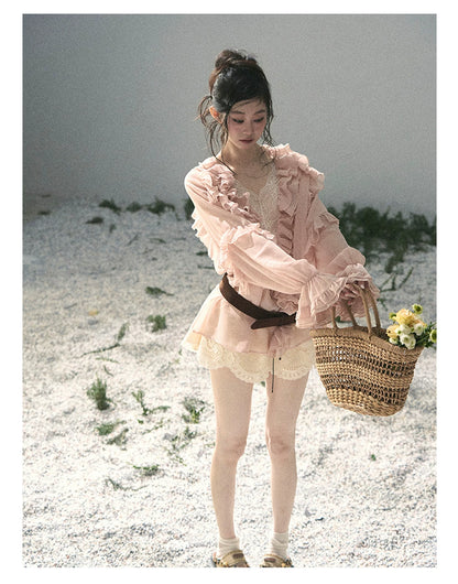 “Whispers of the Wind” Blush Pink Lace Chiffon Blouse (With Belt)
