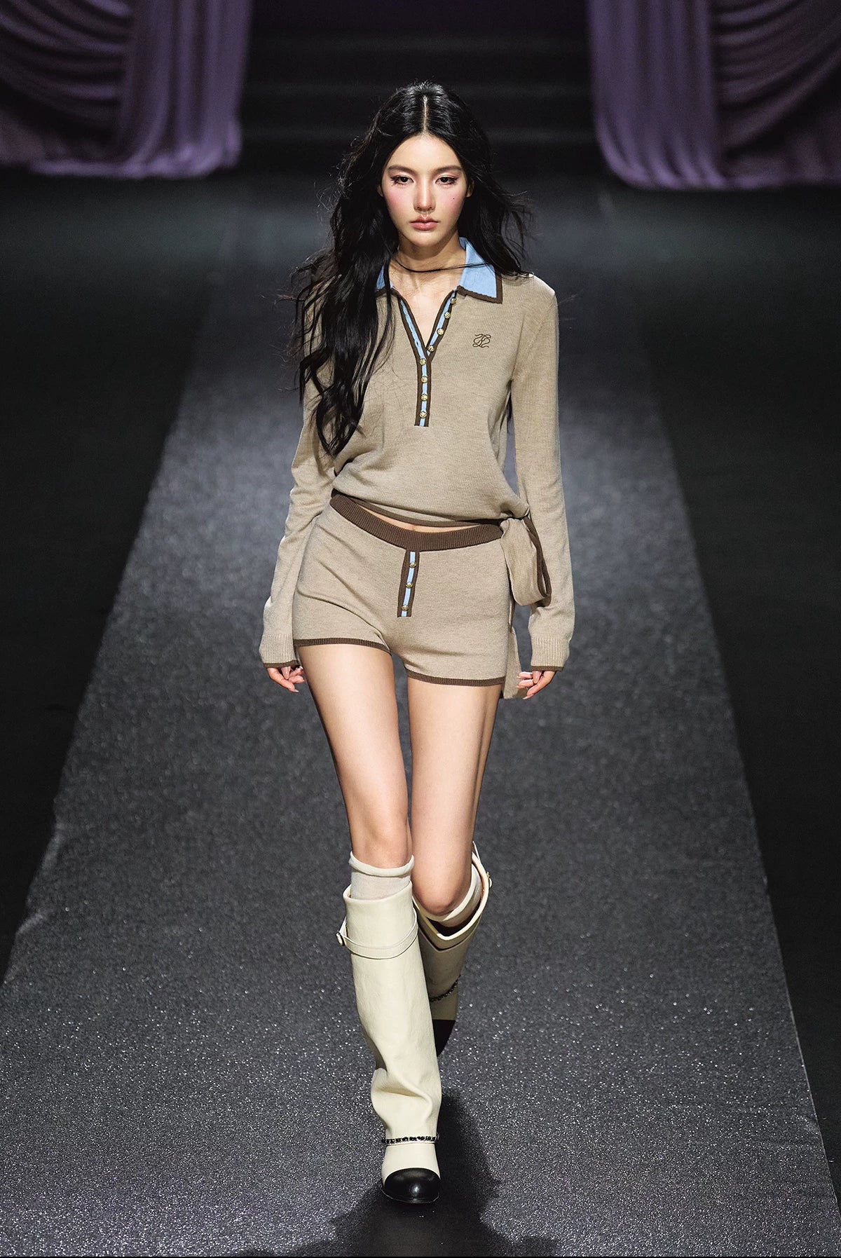 Contrast Gold Button Ribbon Polo Knit Top & Heart Pocket Shorts Set