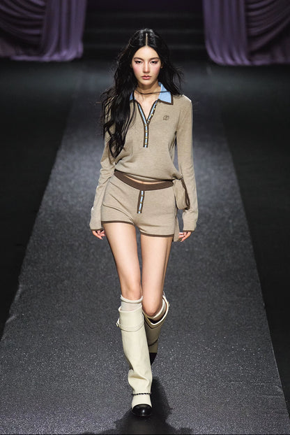 Contrast Gold Button Ribbon Polo Knit Top & Heart Pocket Shorts Set