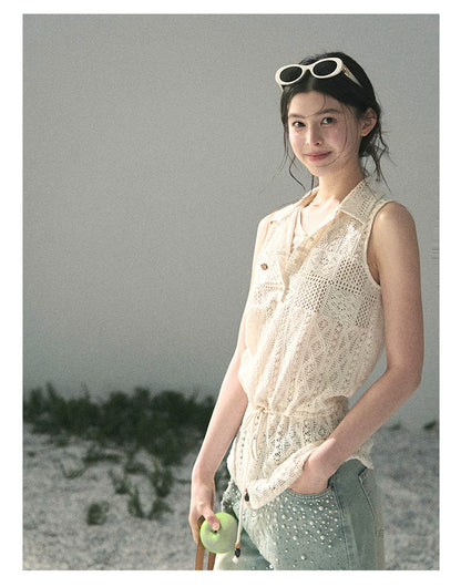 “Summer Breeze Kissing the Hem” Ivory Lace Layered Sleeveless Top
