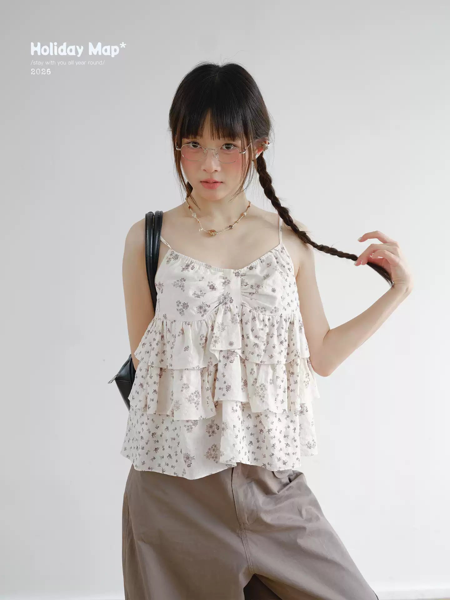 "Among the Blossoms" Soft Gray Floral Cotton Ruffle Cami Top