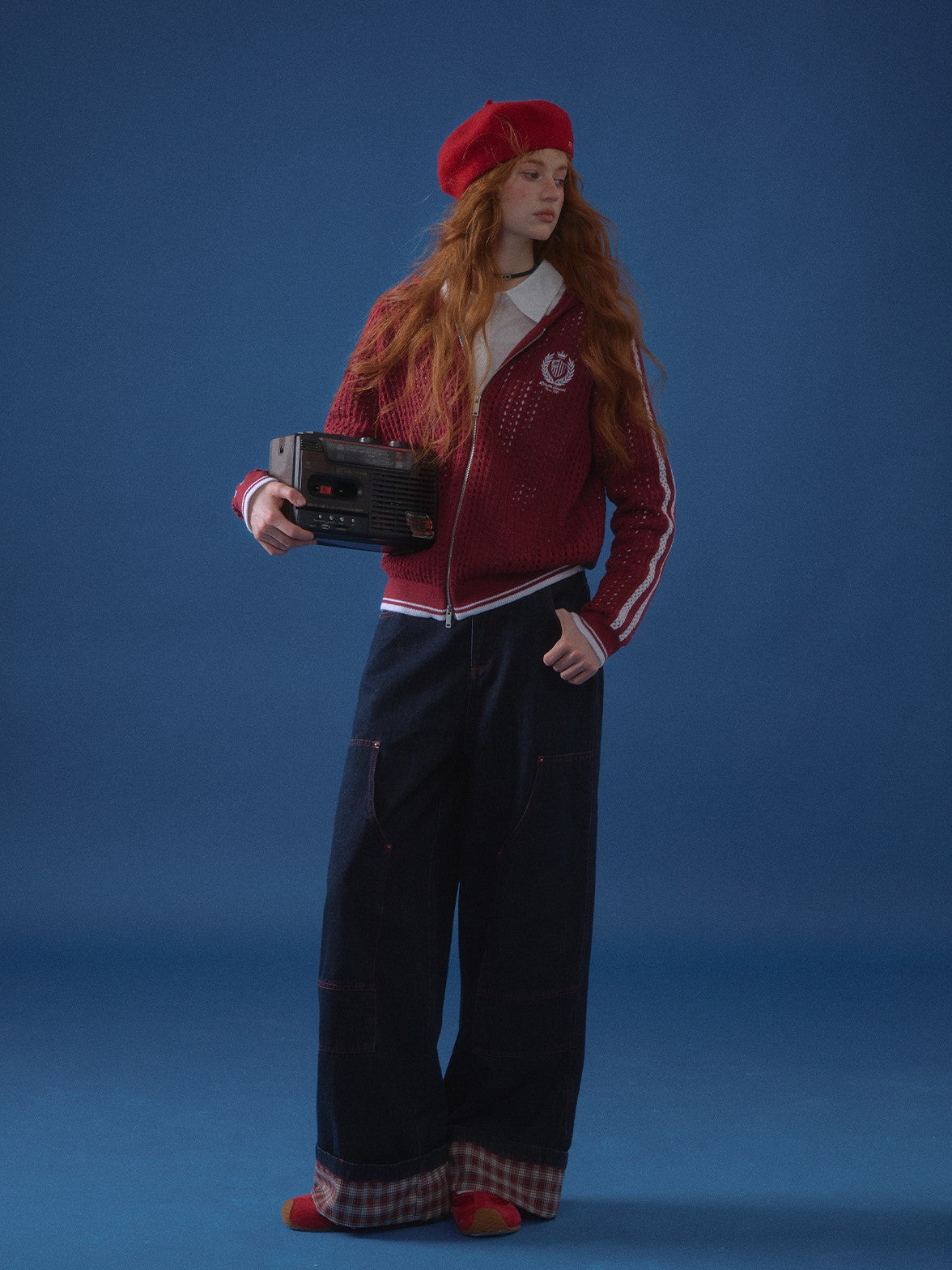 ASGONY - Plaid Cuff Contrast Wide-Leg Raw Denim Jeans (Red Plaid)