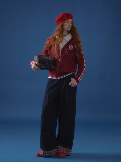 ASGONY - Plaid Cuff Contrast Wide-Leg Raw Denim Jeans (Red Plaid)