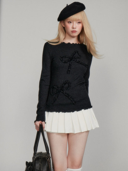 “Cozy Winter Speckled Bow” Lenzing Lyocell Long-Sleeve Base Top - Black Grey M6669