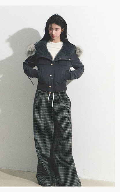 OAKMOO/ "Energy & Freedom" Mocha Gray Fur-Collar Cropped Hoodie Jacket