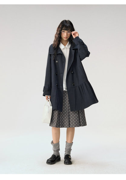 [CAN] "Azure Echoes" Navy Double-Breasted Bow Long Trench Coat