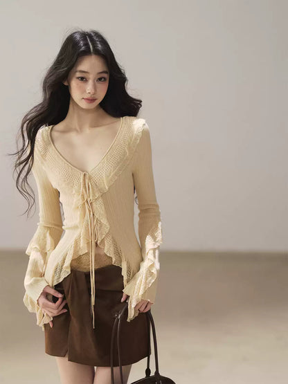 AOMALM - "The Gap of Light" Cheese Yellow Korean Ruffle Lace-Trim Knit Cardigan