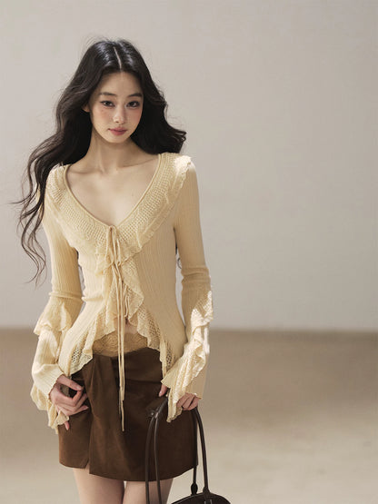 AOMALM - "The Gap of Light" Cheese Yellow Korean Ruffle Lace-Trim Knit Cardigan