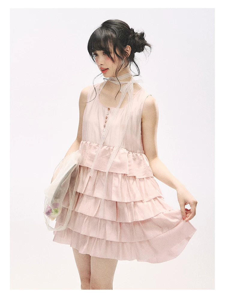 "Misty Pink Reverie" Petal Pink Lace Tie Tiered Sleeveless Dress