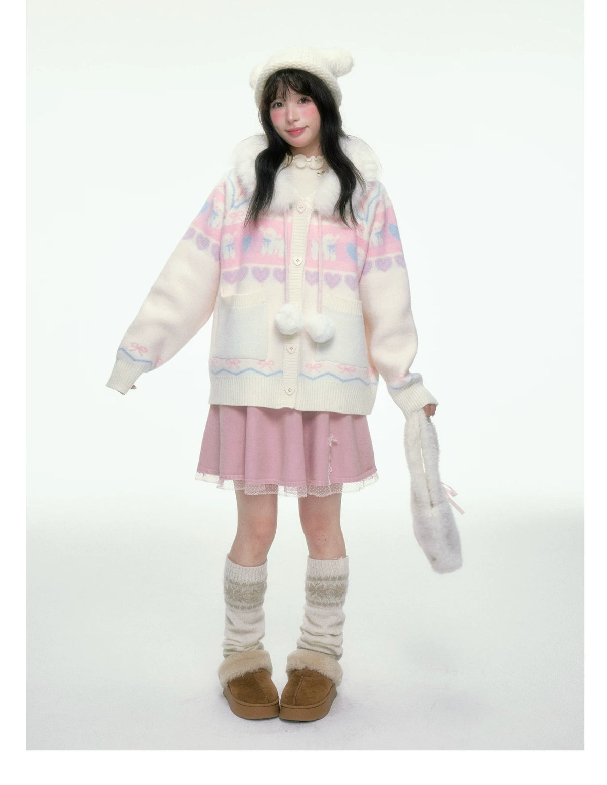 BIBIBENCY - Pink and White Hooded Knit Cardigan with Faux Fur Trim