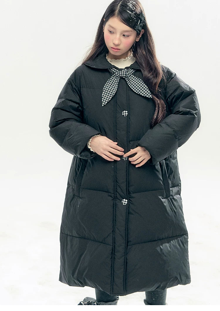 "Starry Night Little Witch" Black Long Down Coat with Detachable Bunny Bow Collar
