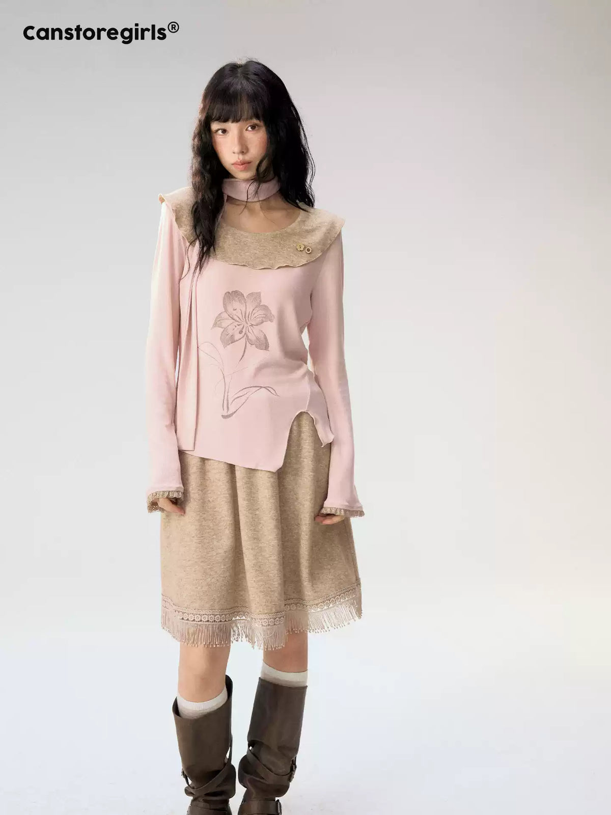 [CAN] "Dusky Floral Whispers" Blush & Chestnut Brown Set (Long Sleeve Top / Tassel Mini Skirt)