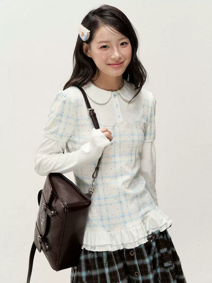 [RF] Star Blue Faux Two-Piece Lace-Trim Blouse with Peter Pan Collar