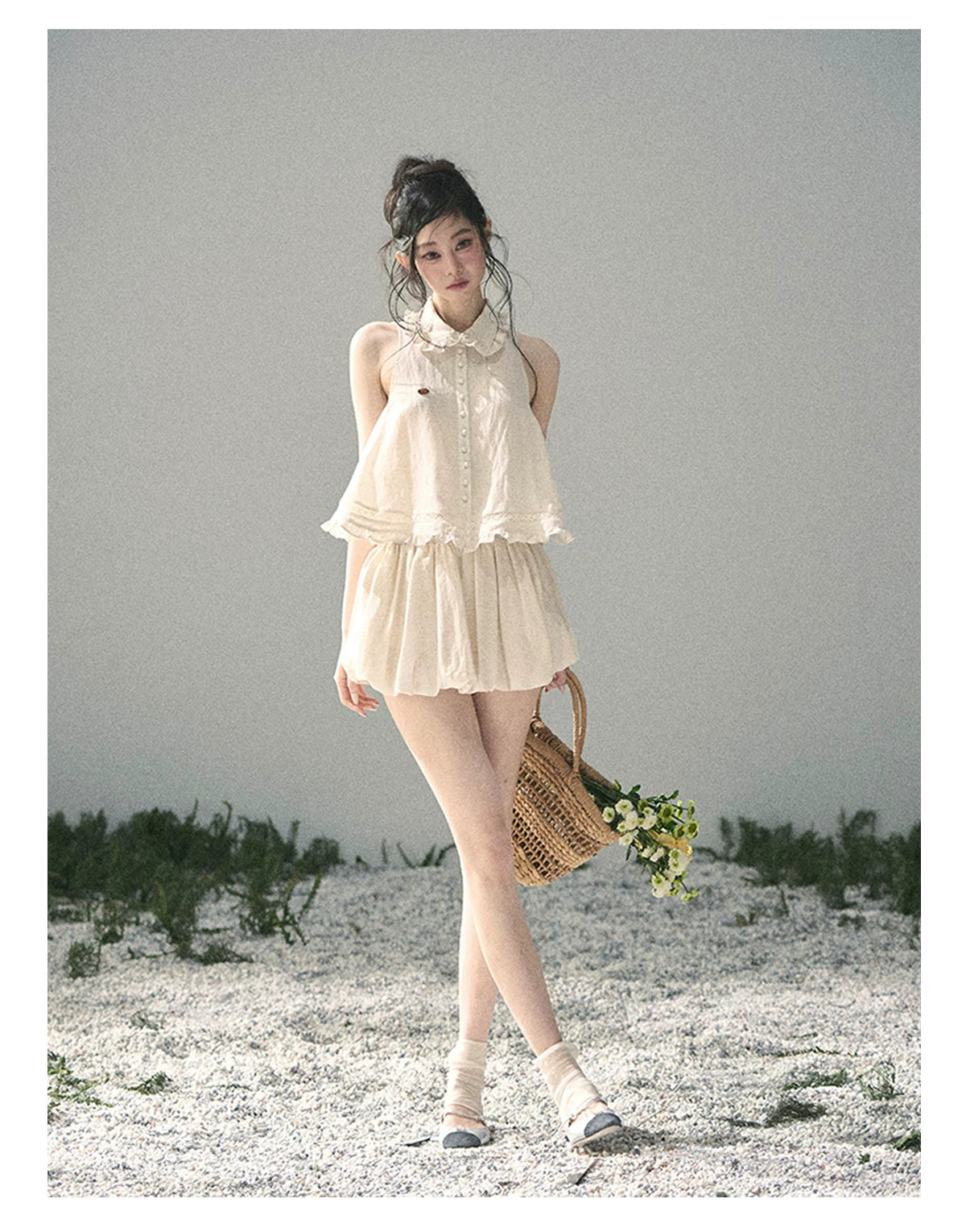 "Soft Cloud Reverie" Dutch Cream Lace Top & Bubble Skirt & Wide-Leg Pants Set 5468465