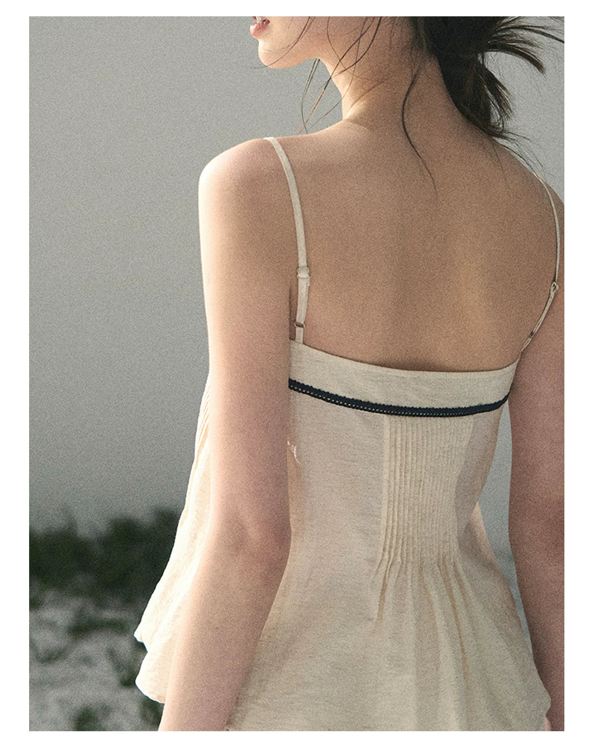 “Breeze Over Pleats” Cream Ribbon Camisole Top