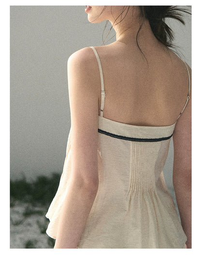 “Breeze Over Pleats” Cream Ribbon Camisole Top
