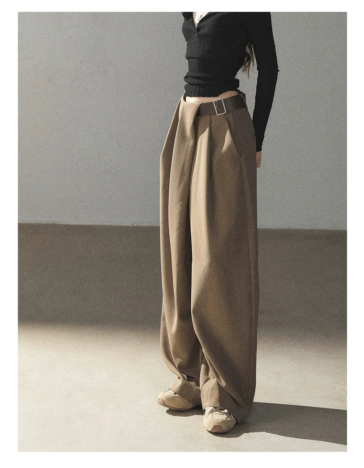 AOMALM - "A Touch of Autumn" Loose Relaxed Balloon Wide-Leg Pants With Belt (Dusty Taupe Brown / Quiet Black)