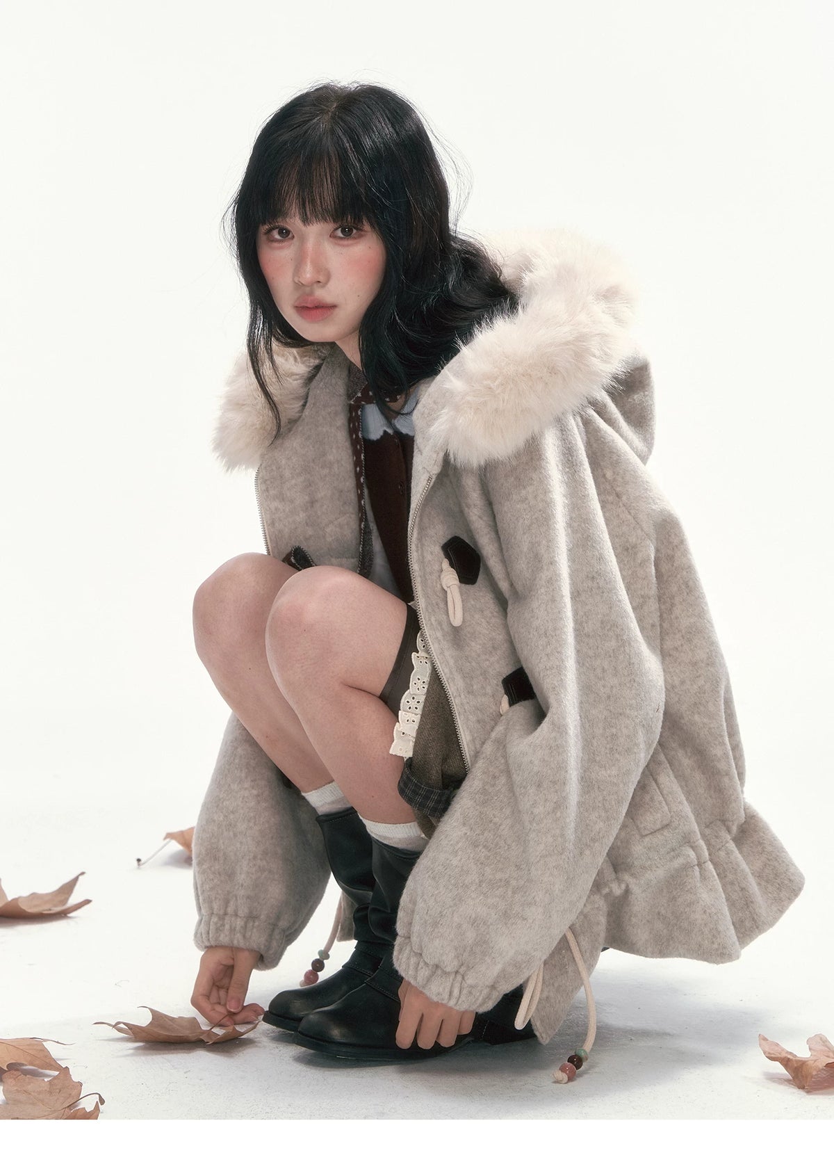 CAN - "Frosted Cloud Reverie" Beige Gray Detachable Faux-Fur Collar Wool-Blend Jacket