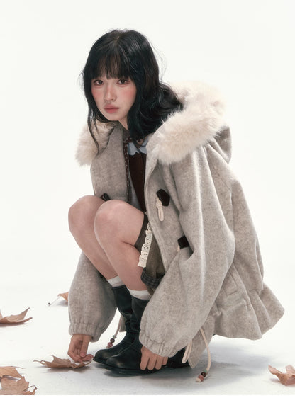 CAN - "Frosted Cloud Reverie" Beige Gray Detachable Faux-Fur Collar Wool-Blend Jacket