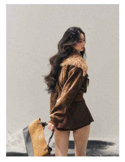 少也眼 "Defocused Dreams" Melard Leopard Utility Cropped Jacket - Chestnut Brown