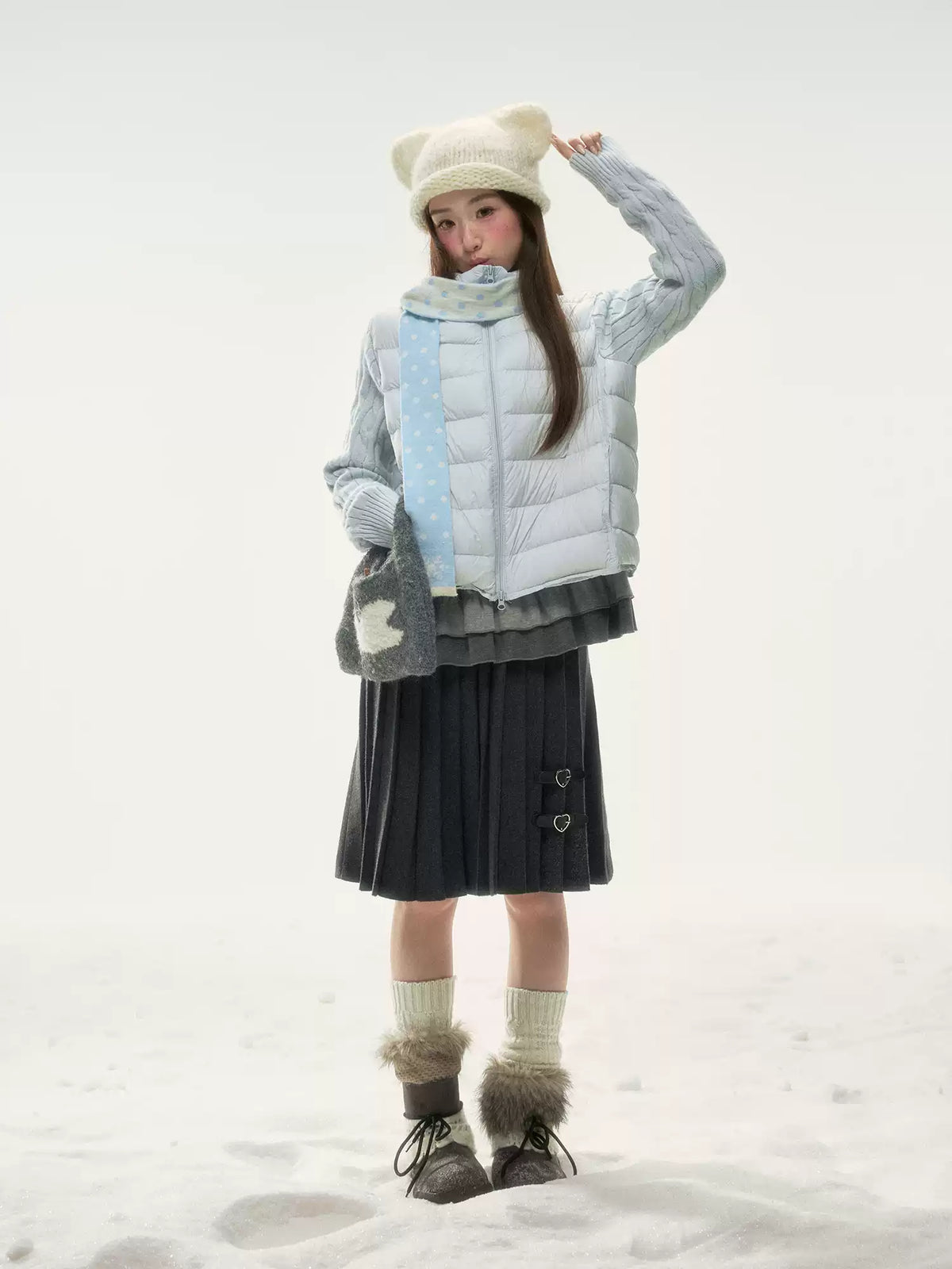 BIBIBENCY - Pale Blue Knit-Panel 90% White Duck Down Puffer Jacket (With Scarf)