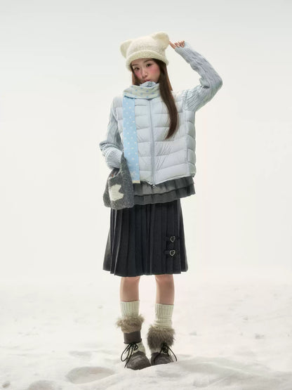 BIBIBENCY - Pale Blue Knit-Panel 90% White Duck Down Puffer Jacket (With Scarf)