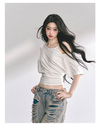 少也眼 “Smart Relax” Asymmetric Halter Short Tee - White