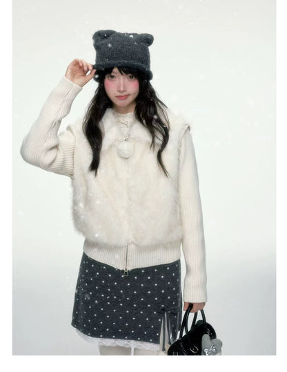 BIBIBENCY - Gray Polka Dot A-Line Knit Skirt with Bow Details