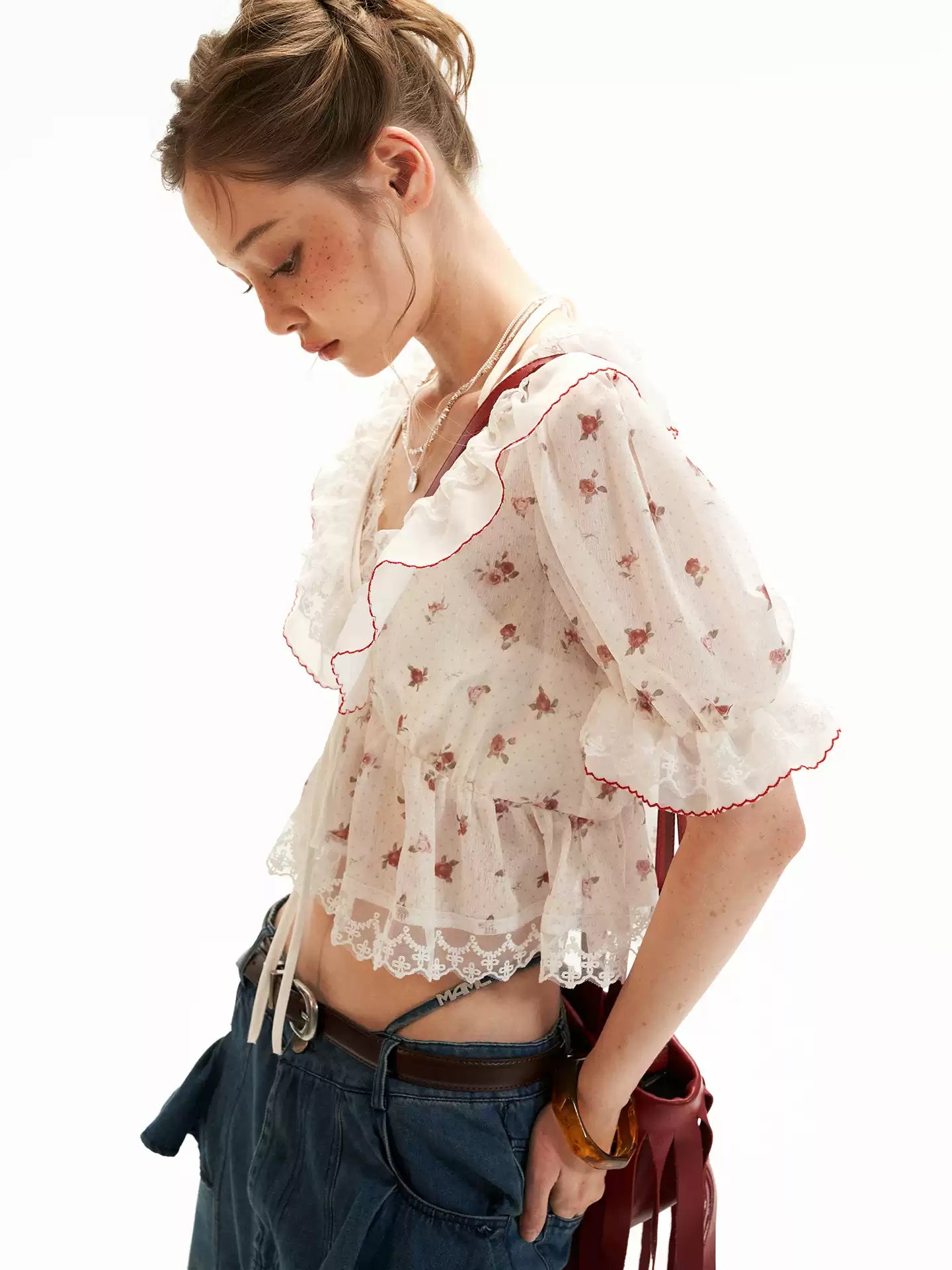 Polka Floral Ruffle Tie Puff Sleeve Top