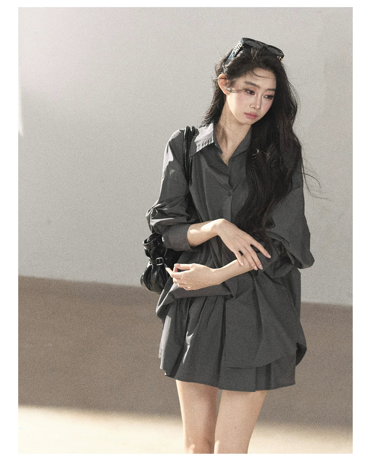 AOMALM - Thin Dusk Gray Bow-Back Shirt & Bubble Mini Skirt Set