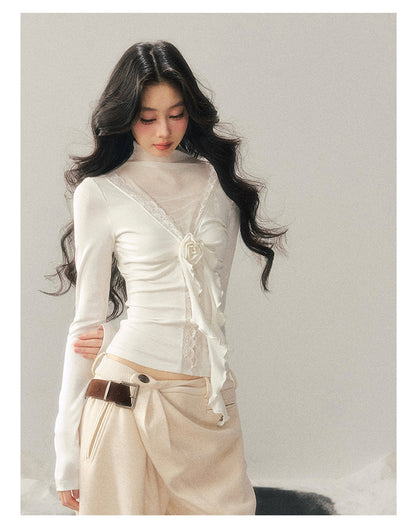 040126 “Vanishing Curve” Sheer Lace Turtleneck Base Top - White